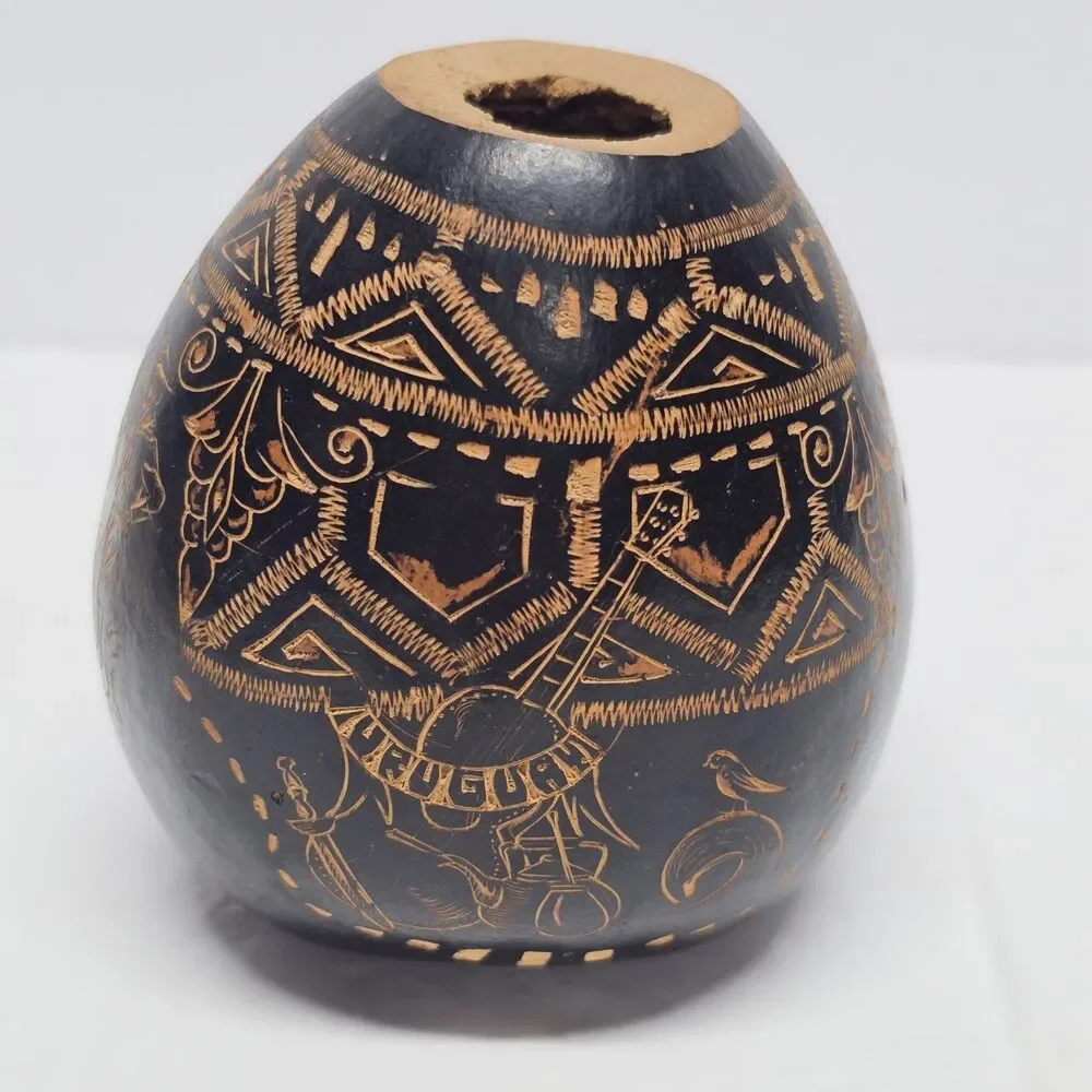 Hand Carved Gourd Vase Decor Tribal Rustic Ethnic Traditional Folk Art Uruguay